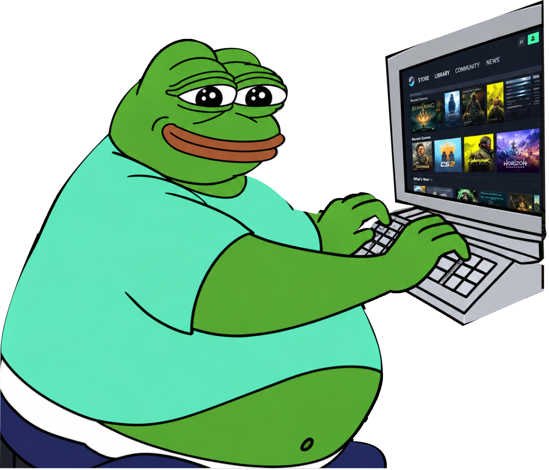 Fat Pepe, a very round green frog in a mint shirt, comfortably collecting things at his computer.